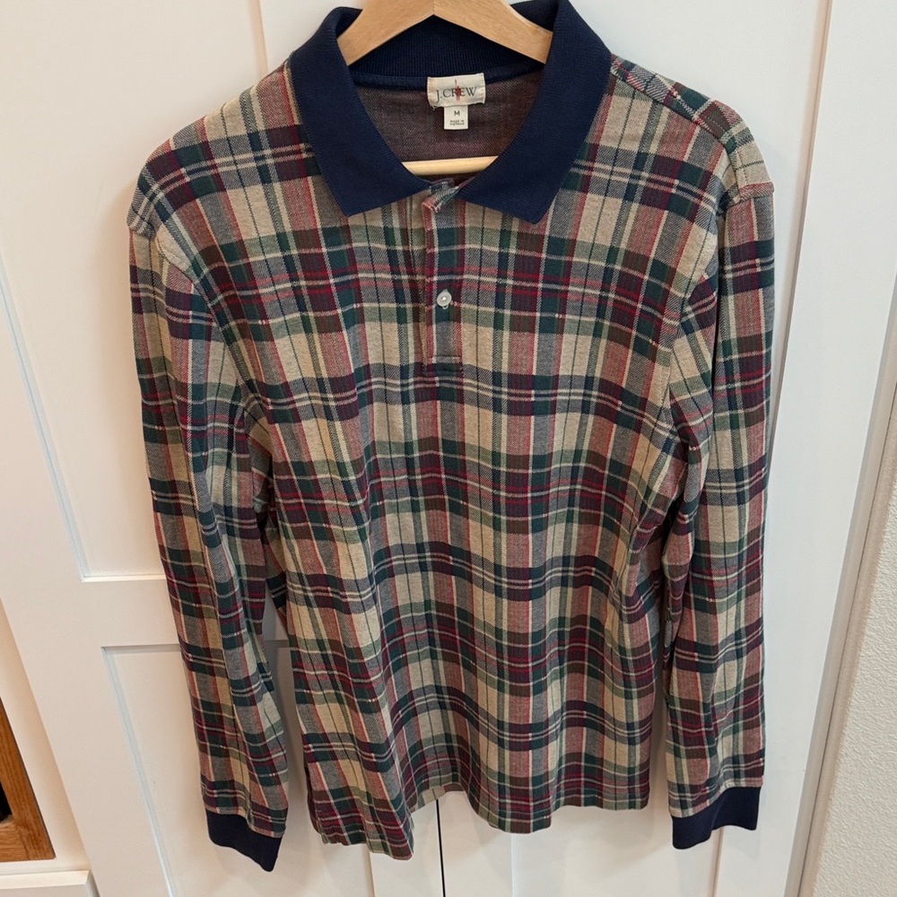 J. Crew Multicolor Plaid Polo with Navy Collar